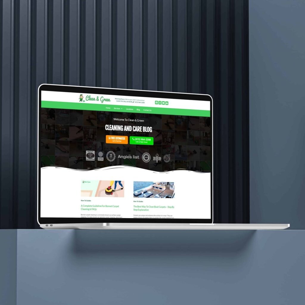 Clean and green homepage mockup is displayed on the laptop.